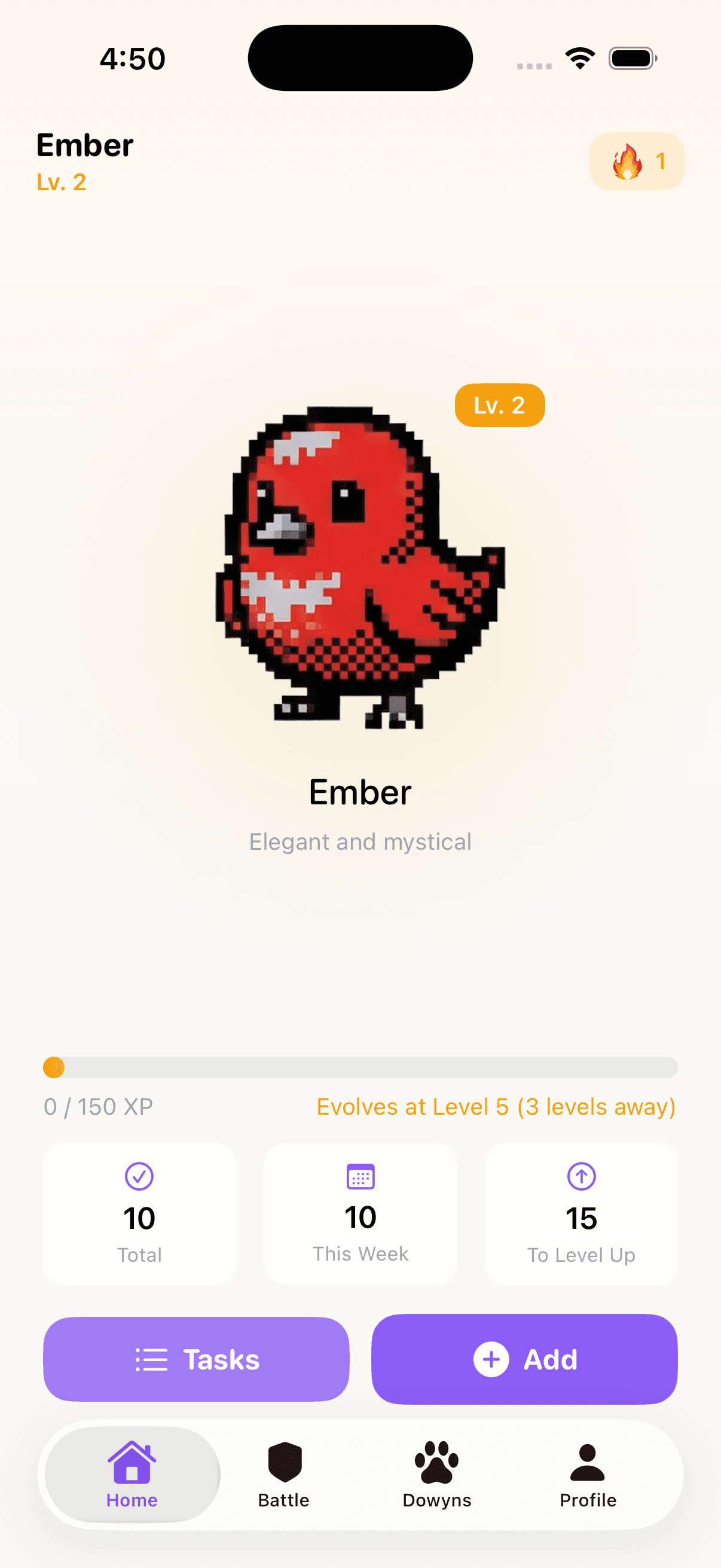 Dowyn app showing Ember creature at Level 2